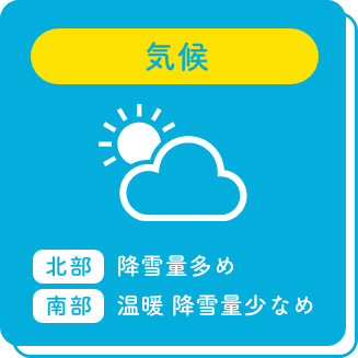 気候：南部／温暖、降雪量少なめ、北部／降雪量多め